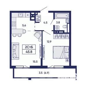 2-к квартира, вторичка, 46м2, 13/14 этаж