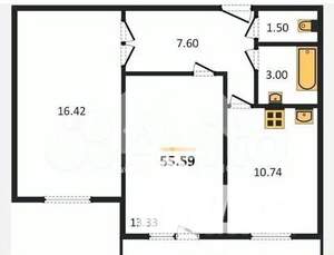 2-к квартира, вторичка, 56м2, 1/12 этаж