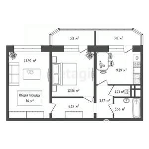 2-к квартира, вторичка, 56м2, 12/18 этаж