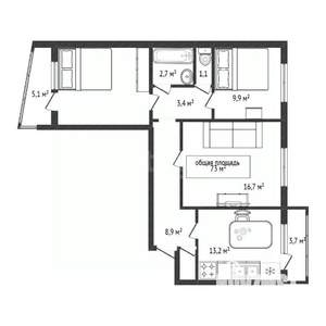 3-к квартира, вторичка, 73м2, 9/10 этаж