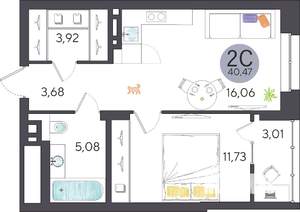 2-к квартира, строящийся дом, 40м2, 8/27 этаж