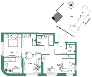 2-к квартира, вторичка, 62м2, 13/30 этаж