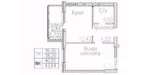 1-к квартира, строящийся дом, 44м2, 24/24 этаж