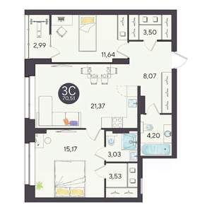 3-к квартира, строящийся дом, 71м2, 4/10 этаж