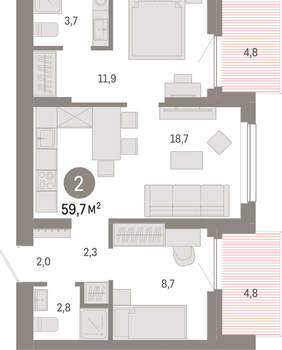 2-к квартира, вторичка, 60м2, 11/12 этаж