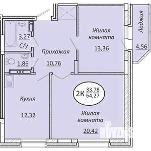 2-к квартира, строящийся дом, 64м2, 23/25 этаж
