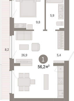 1-к квартира, вторичка, 56м2, 8/12 этаж