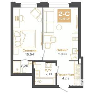 2-к квартира, строящийся дом, 50м2, 23/24 этаж