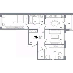 3-к квартира, вторичка, 83м2, 10/17 этаж