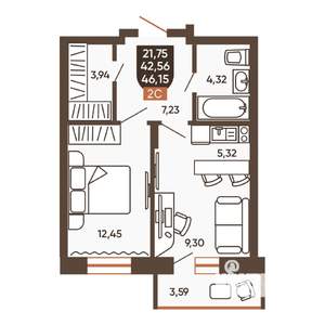 2-к квартира, строящийся дом, 46м2, 8/19 этаж