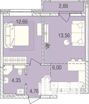 1-к квартира, сданный дом, 44м2, 6/9 этаж