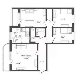 4-к квартира, вторичка, 82м2, 2/10 этаж