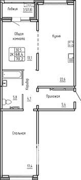 2-к квартира, вторичка, 70м2, 6/14 этаж