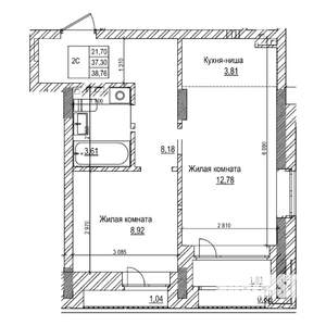 2-к квартира, строящийся дом, 37м2, 9/21 этаж