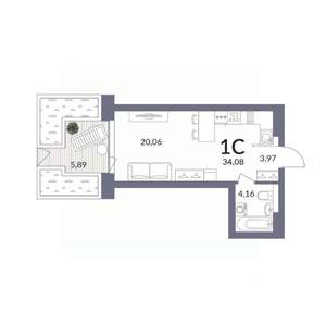 Студия квартира, вторичка, 34м2, 1/14 этаж