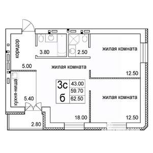 3-к квартира, строящийся дом, 63м2, 6/8 этаж
