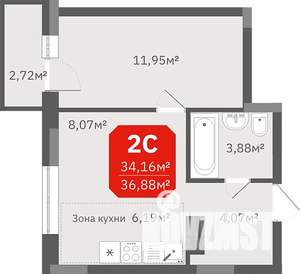 1-к квартира, строящийся дом, 37м2, 3/17 этаж