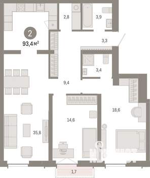 2-к квартира, вторичка, 93м2, 4/14 этаж