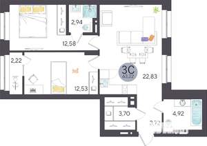 3-к квартира, строящийся дом, 63м2, 9/27 этаж