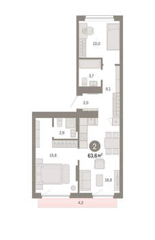 2-к квартира, вторичка, 64м2, 5/12 этаж