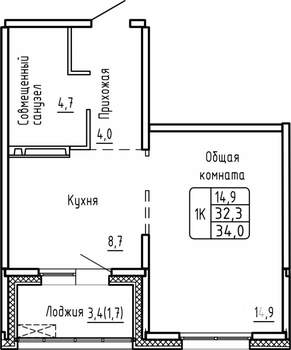 1-к квартира, строящийся дом, 34м2, 16/17 этаж