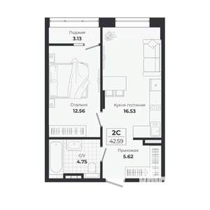 2-к квартира, строящийся дом, 39м2, 5/9 этаж