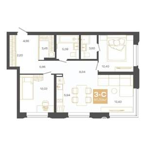 3-к квартира, строящийся дом, 81м2, 22/24 этаж