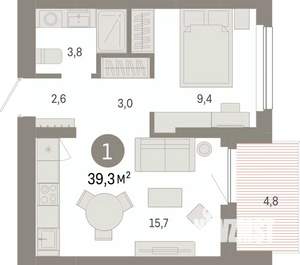 1-к квартира, вторичка, 39м2, 5/12 этаж