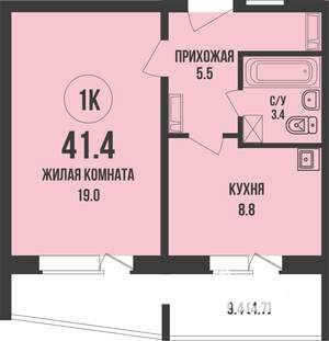 1-к квартира, строящийся дом, 41м2, 10/13 этаж