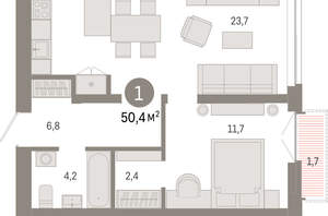 1-к квартира, вторичка, 50м2, 7/23 этаж