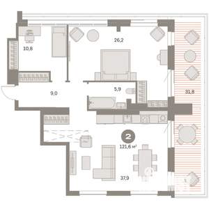 2-к квартира, вторичка, 122м2, 9/9 этаж