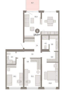 3-к квартира, вторичка, 125м2, 1/15 этаж