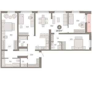 4-к квартира, вторичка, 148м2, 9/15 этаж