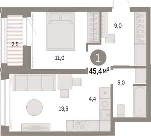 1-к квартира, вторичка, 45м2, 23/30 этаж