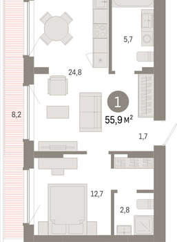1-к квартира, вторичка, 56м2, 8/12 этаж