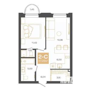 2-к квартира, вторичка, 47м2, 19/24 этаж