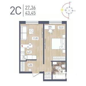 2-к квартира, строящийся дом, 43м2, 1/17 этаж