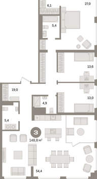 3-к квартира, сданный дом, 158м2, 20/24 этаж