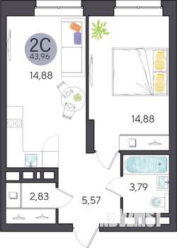 2-к квартира, строящийся дом, 44м2, 1/27 этаж