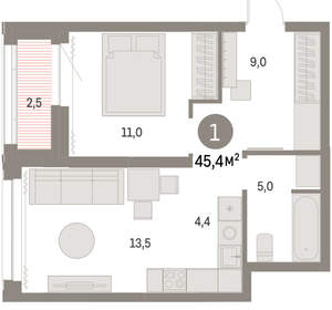1-к квартира, вторичка, 45м2, 23/30 этаж