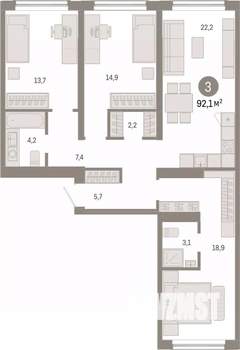 3-к квартира, вторичка, 92м2, 2/9 этаж
