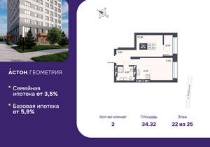 2-к квартира, вторичка, 34м2, 22/25 этаж