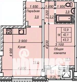 1-к квартира, строящийся дом, 43м2, 4/9 этаж
