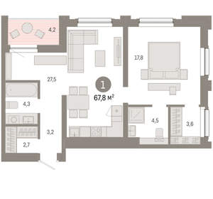 1-к квартира, вторичка, 68м2, 9/17 этаж
