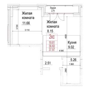 1-к квартира, строящийся дом, 37м2, 3/21 этаж