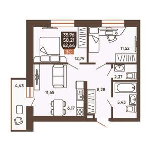 3-к квартира, вторичка, 63м2, 10/19 этаж