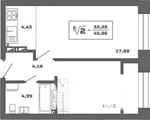 2-к квартира, вторичка, 46м2, 19/25 этаж