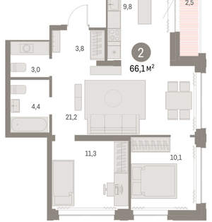 2-к квартира, вторичка, 66м2, 25/30 этаж