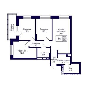 3-к квартира, вторичка, 81м2, 20/20 этаж