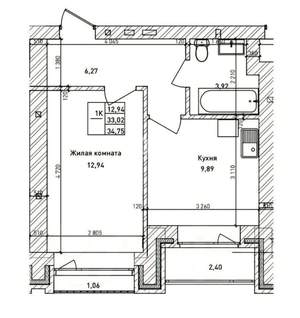 1-к квартира, вторичка, 33м2, 4/15 этаж